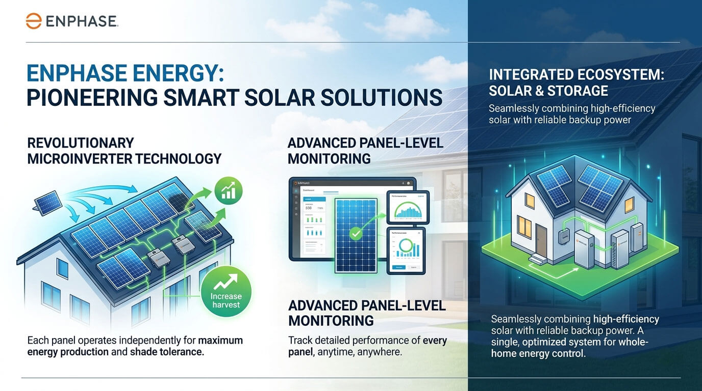 Brands We Trust 3 Enphase Energy website header illustrating microinverter technology, panel-level monitoring, and integrated solar battery storage for a complete home energy ecosystem.