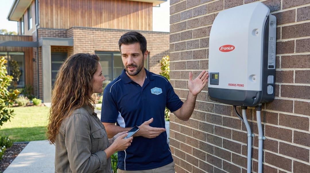 Brands We Trust 1 Sam Solar presenting a Fronius Solar Inverter to a female home owner.