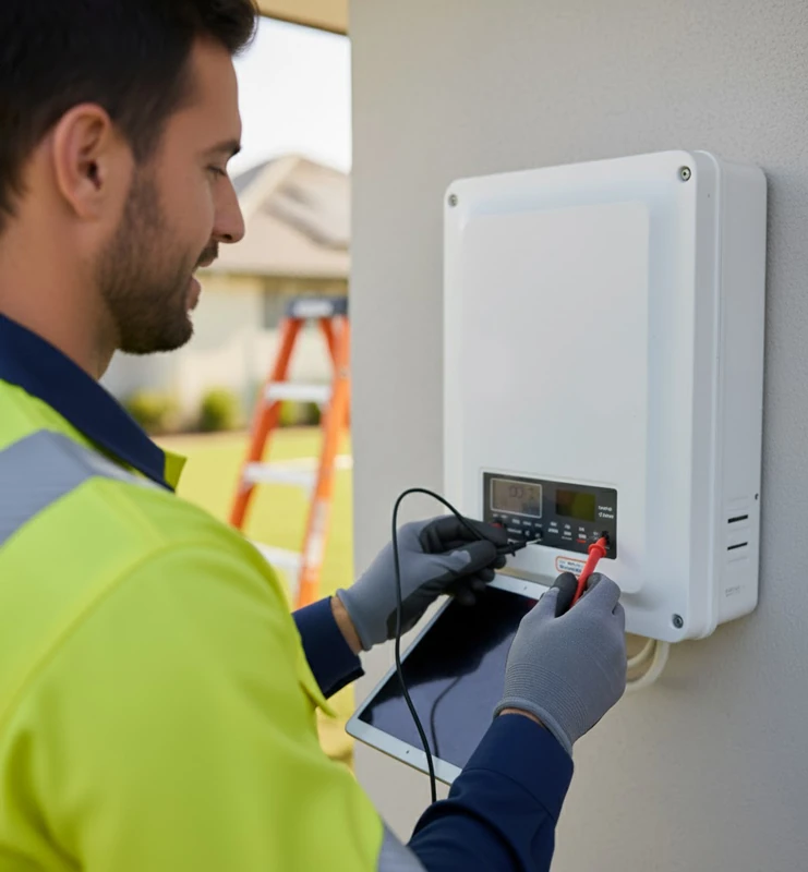 A technician inspecting a solar inverter.