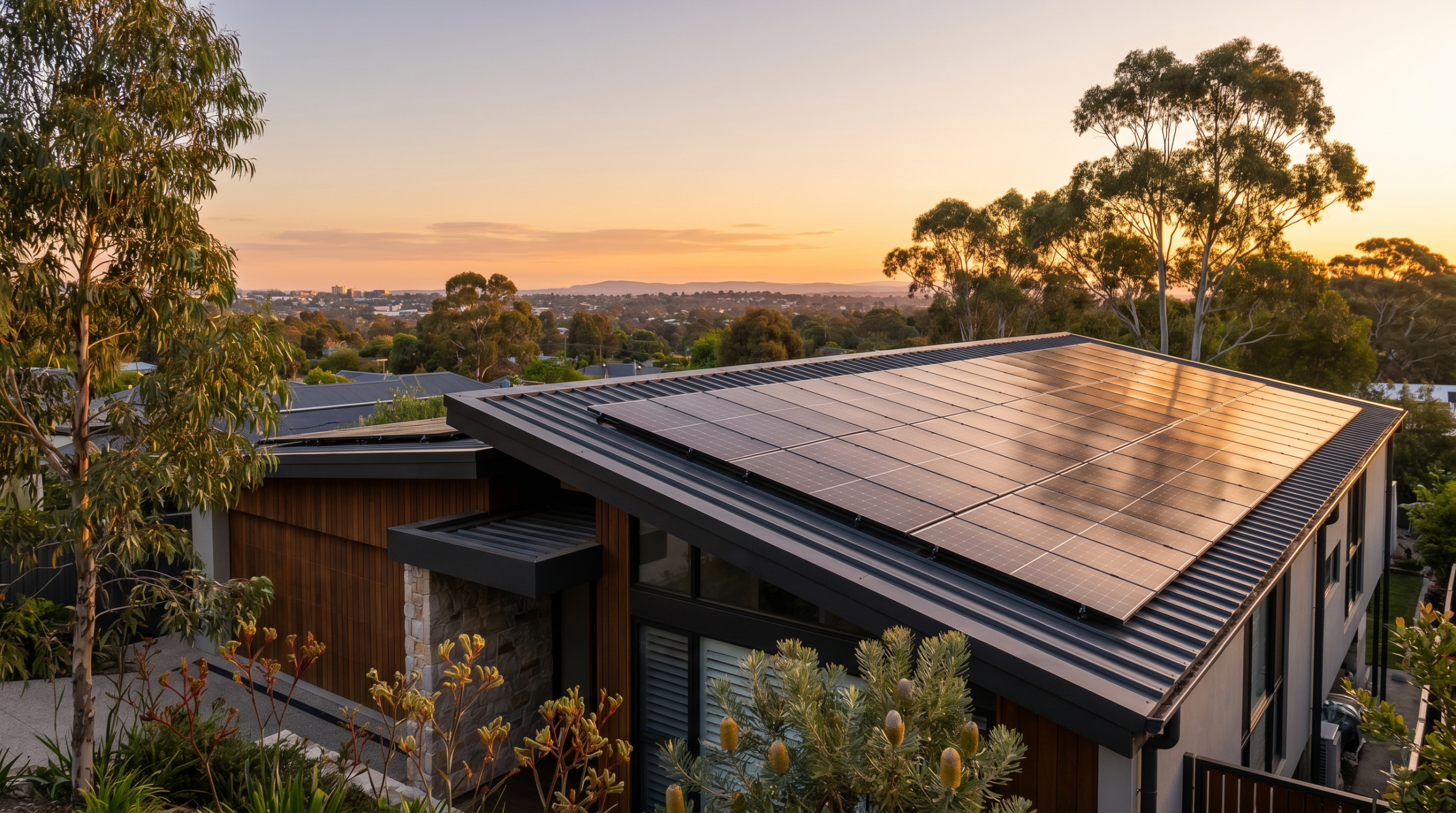 Brands We Trust 1 Premium Australian home with high-efficiency rooftop solar panels at sunset using SunPower-style modules.